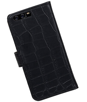 Zwart Krokodil booktype wallet cover hoesje Huawei P10