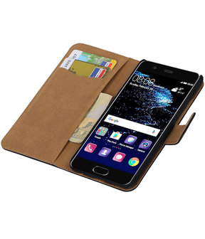 Zwart Effen booktype wallet cover hoesje Huawei P10