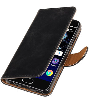 Zwart Pull-Up PU booktype wallet cover Hoesje voor Huawei P10