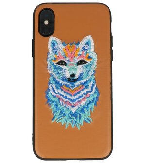 Bruin Borduurwerk Wolf TPU Back Cover Hoesje voor iPhone X