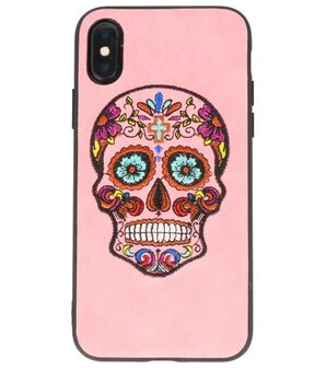 Roze Borduurwerk Doodshoofd&nbsp;TPU Back Cover Hoesje voor iPhone X