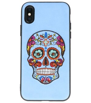 Pastel Blauw&nbsp;Borduurwerk Doodshoofd&nbsp;TPU Back Cover Hoesje voor iPhone X