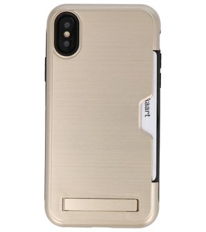 Goud Tough Armor Kaarthouder Stand Hoesje voor iPhone X / XS