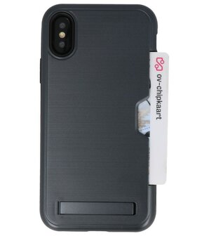 Zwart Tough Armor Kaarthouder Stand Hoesje voor iPhone X / XS