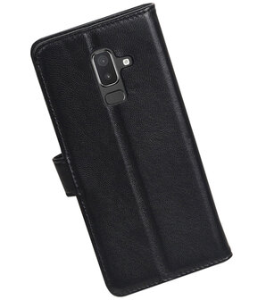 Echt Lederen Hoesje Wallet Case voor Samsung Galaxy J8 (2018) Zwart