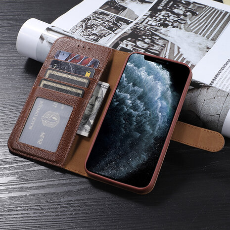 Echt Lederen Wallet Case Telefoonhoesje voor iPhone 12 Pro Max - Bruin