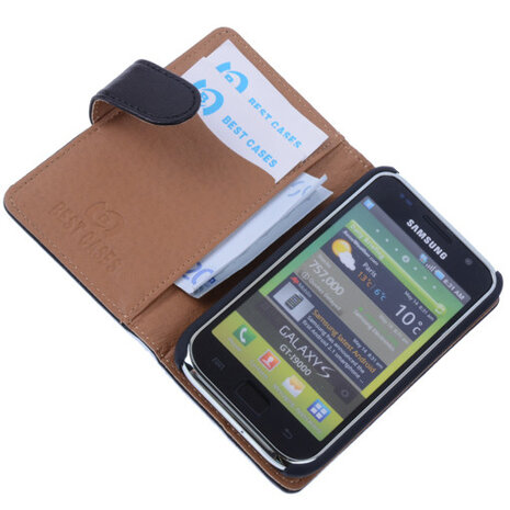 BestCases Zwart Echt Leer Booktype Hoesje voor Samsung Galaxy S Plus i9000