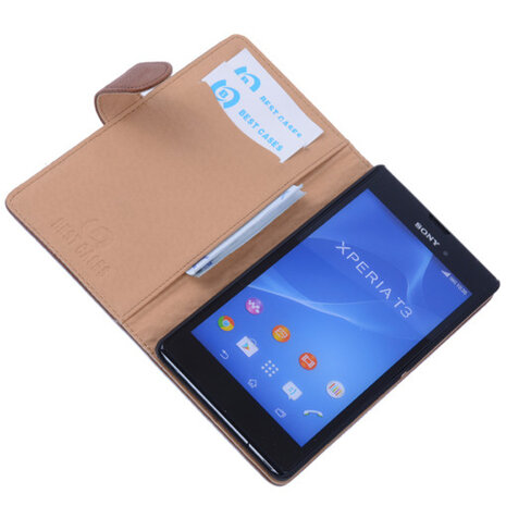 BestCases Bruin Hoesje voor Sony Xperia T3 Stand Echt Lederen Booktype