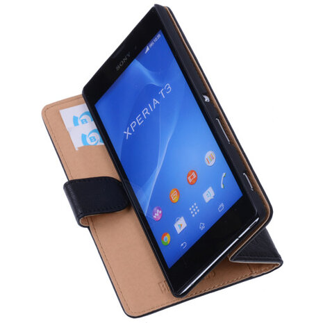 BestCases Zwart Hoesje voor Sony Xperia T3 Stand Echt Lederen Booktype