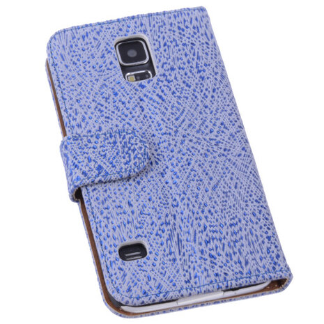 Antiek Blue White Hoesje voor Samsung Galaxy S5 (Plus) Echt Leer Wallet Case