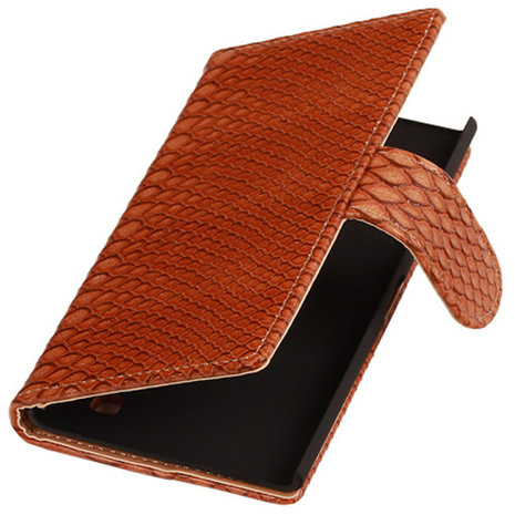 Slang Bruin Hoesje voor Nokia Lumia 735 Bookcase Wallet Cover