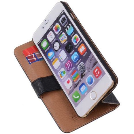 Zwart Hoesje voor Apple iPhone 6 Plus Echt Lederen Wallet