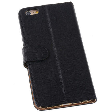 Zwart Hoesje voor Apple iPhone 6 Plus Echt Lederen Wallet