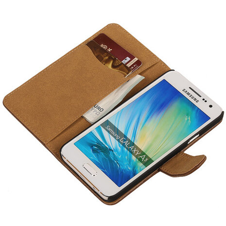 Bruin Hout Hoesje voor Samsung Galaxy A3 2015 Book/Wallet Case/Cover