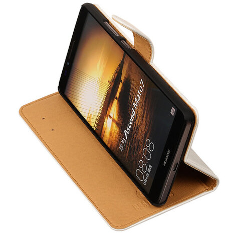PU Leder Wit Hoesje voor Huawei Ascend Mate 7 Stand Book/Wallet Case/Cover