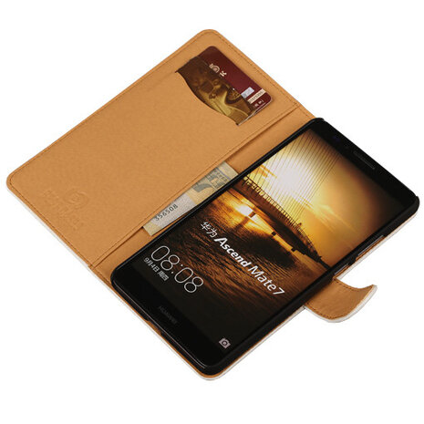 PU Leder Wit Hoesje voor Huawei Ascend Mate 7 Stand Book/Wallet Case/Cover