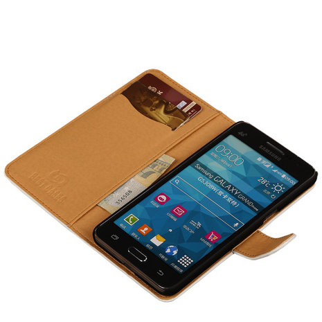 PU Leder Wit Hoesje voor Samsung Galaxy Grand Prime Stand Book/Wallet Case/Cover