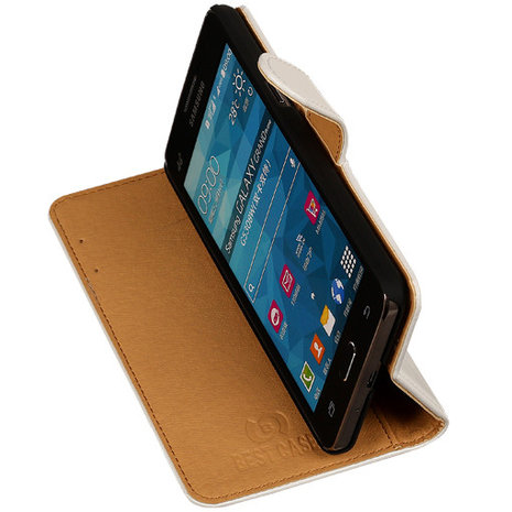 PU Leder Wit Hoesje voor Samsung Galaxy Grand Prime Stand Book/Wallet Case/Cover