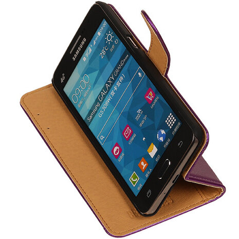 PU Leder Lila Hoesje voor Samsung Galaxy Grand Prime Stand Book/Wallet Case/Cover
