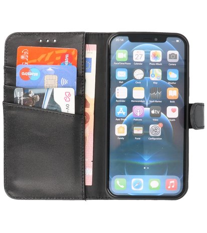 Echt Lederen Hoesje Wallet Case Telefoonhoesje voor iPhone 12 & iPhone 12 Pro - Zwart