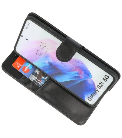 Echt Lederen Hoesje Wallet Case Telefoonhoesje voor Samsung Galaxy S21 - Zwart