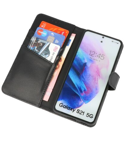 Echt Lederen Hoesje Wallet Case Telefoonhoesje voor Samsung Galaxy S21 - Zwart