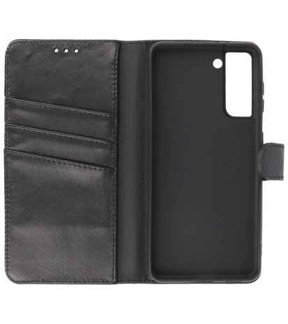 Echt Lederen Hoesje Wallet Case Telefoonhoesje voor Samsung Galaxy S21 FE - Zwart