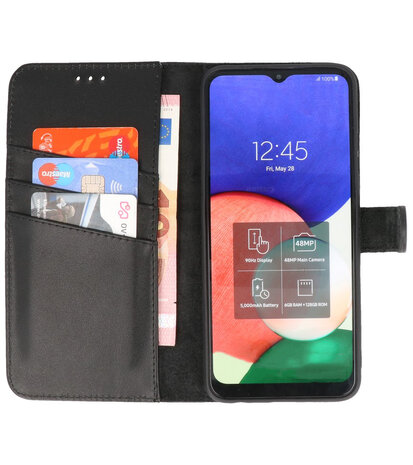 Echt Lederen Hoesje Wallet Case Telefoonhoesje voor Samsung Galaxy A22 4G - Zwart