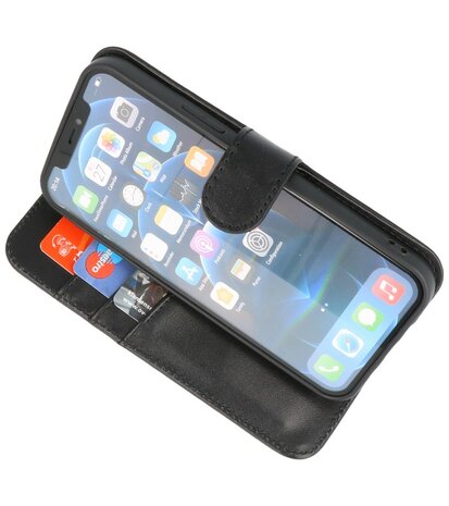 Echt Lederen Hoesje Wallet Case Telefoonhoesje voor iPhone 14 - Zwart