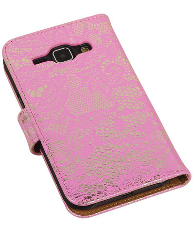 Roze Lace / Kant Design Bookcover Hoesje Samsung Galaxy J1