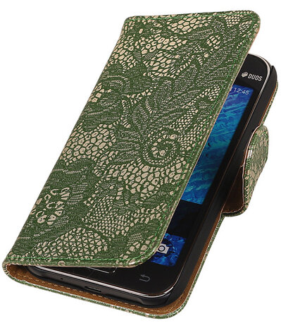 Donker Groen Lace / Kant Design Bookcover Hoesje Samsung Galaxy J1