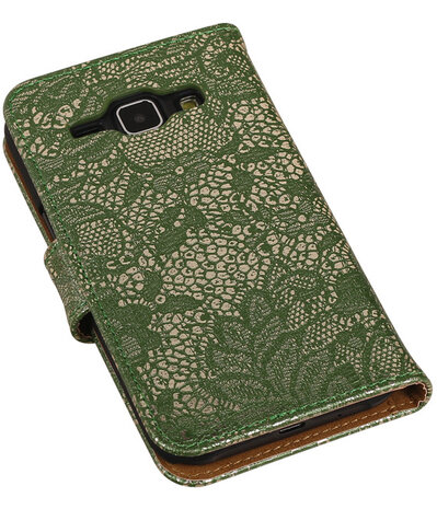 Donker Groen Lace / Kant Design Bookcover Hoesje Samsung Galaxy J1