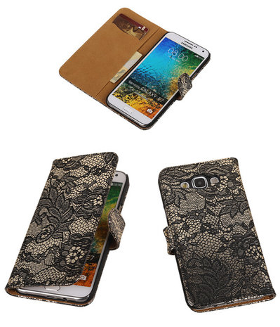 Zwart Lace / Kant Design Bookcover Hoesje Samsung Galaxy E7