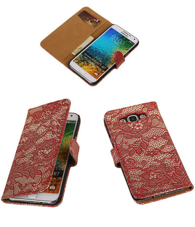 Rood Lace / Kant Design Bookcover Hoesje Samsung Galaxy E7