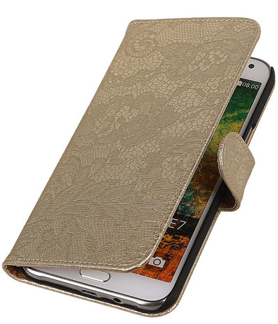 Goud Lace / Kant Design Bookcover Hoesje Samsung Galaxy E7