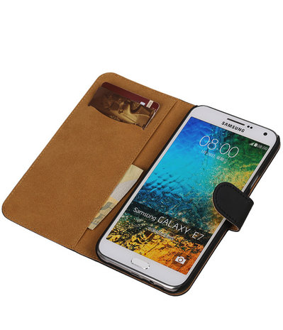 Zwart Effen Bookcover Hoesje Samsung Galaxy E7