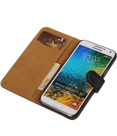 Zwart Krokodil Bookcover Hoesje Samsung Galaxy E7