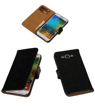 Zwart Slang/Snake Bookcover Hoesje Samsung Galaxy E7