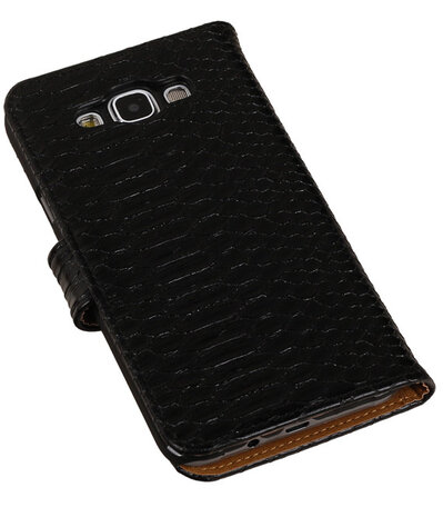 Zwart Slang/Snake Bookcover Hoesje Samsung Galaxy E7