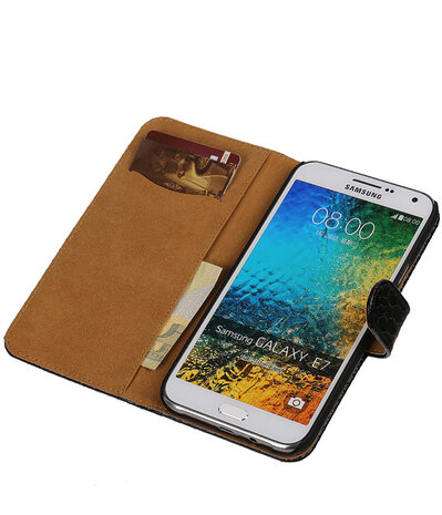 Zwart Slang/Snake Bookcover Hoesje Samsung Galaxy E7