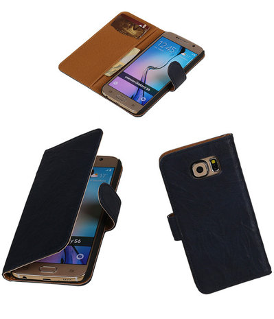 Echt Leer Bookcase Donker Blauw - Samsung Galaxy E7