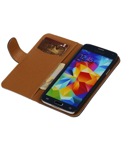 Echt Leer Bookcase Zwart - Samsung Galaxy S4