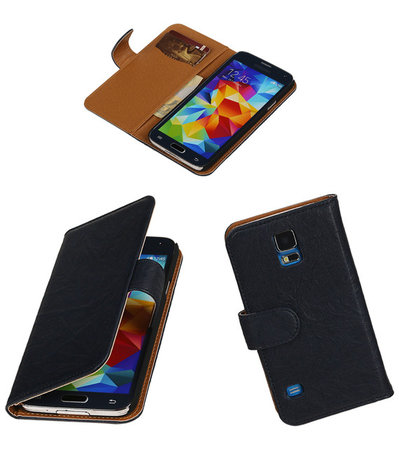 Echt Leer Bookcase Donker Blauw - Samsung Galaxy S5