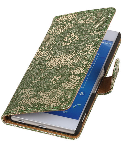 Sony Xperia Z4/Z3 Plus Lace Kant Booktype Wallet Hoesje Donker Groen