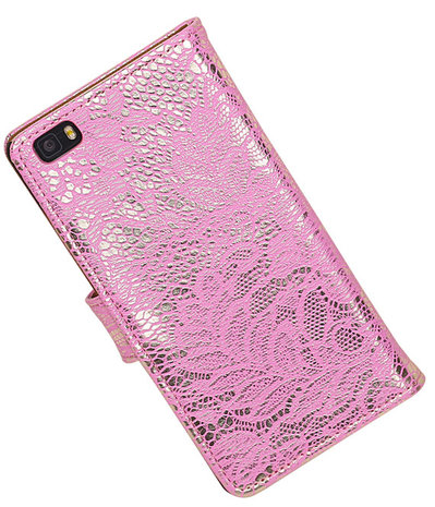 Hoesje voor Huawei P8 Lite Lace/Kant Booktype Wallet Roze
