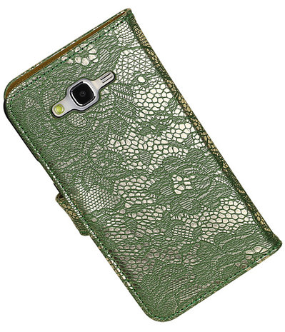 Samsung Galaxy J5 Lace Kant Booktype Wallet Hoesje Donker Groen