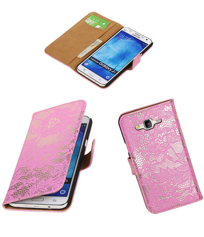 Samsung Galaxy J5 Lace Kant Booktype Wallet Hoesje Roze