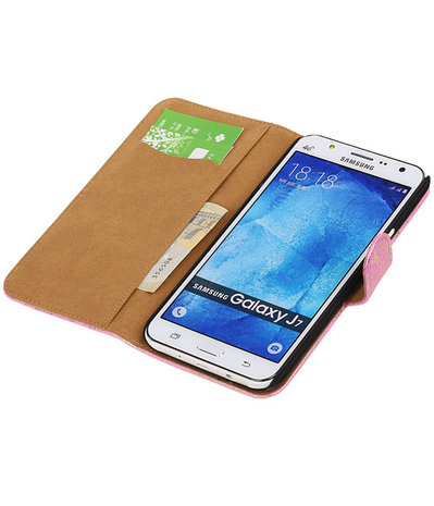 Samsung Galaxy J7 Lace Kant Booktype Wallet Hoesje Roze