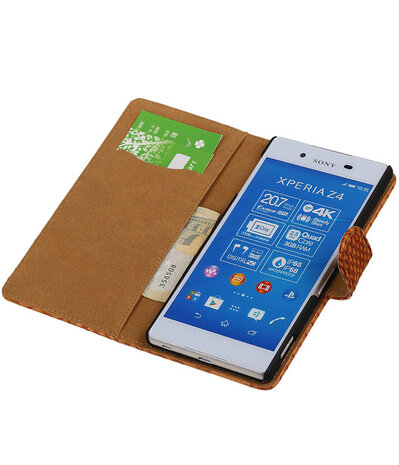 Sony Xperia Z4 / Z3 Plus Snake Slang Booktype Wallet Hoesje Bruin