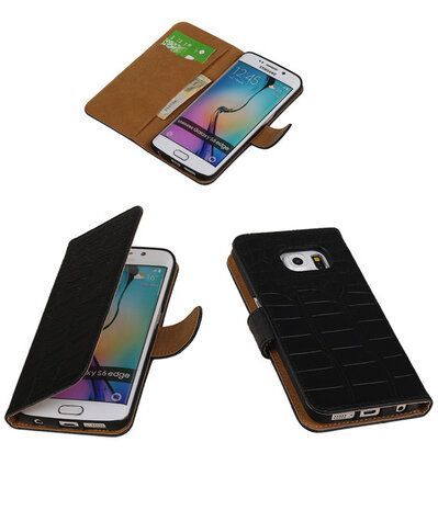 Hoesje voor Samsung Galaxy S6 Edge Krokodil Booktype Wallet Zwart